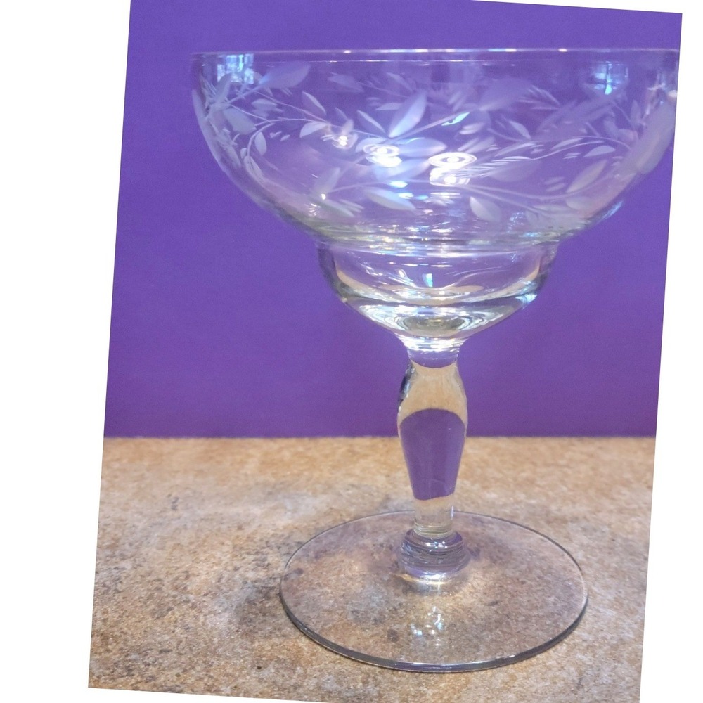 Vintage Etched Floral Wheat Glass Champagne Coupe Sherbet Glass 4.5 Inch Clear